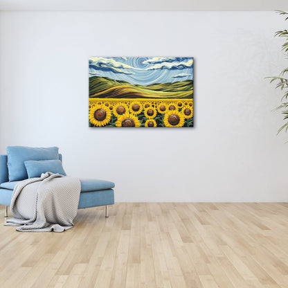 Leinwandbild Sonnenblumenmeer unter wirbelndem Himmelsblau – lebendige Kunst. - deyoli