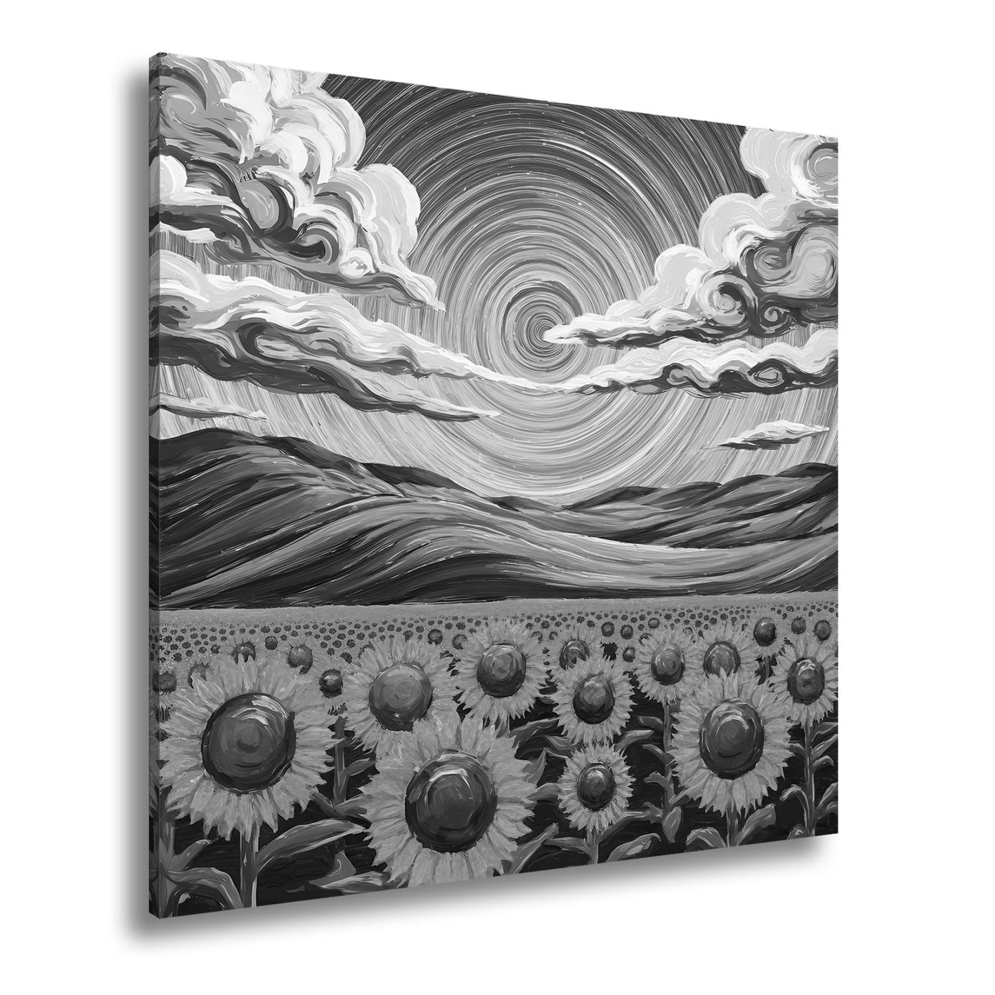 Leinwandbild Sonnenblumenmeer unter wirbelndem Himmelsblau – lebendige Kunst. - deyoli