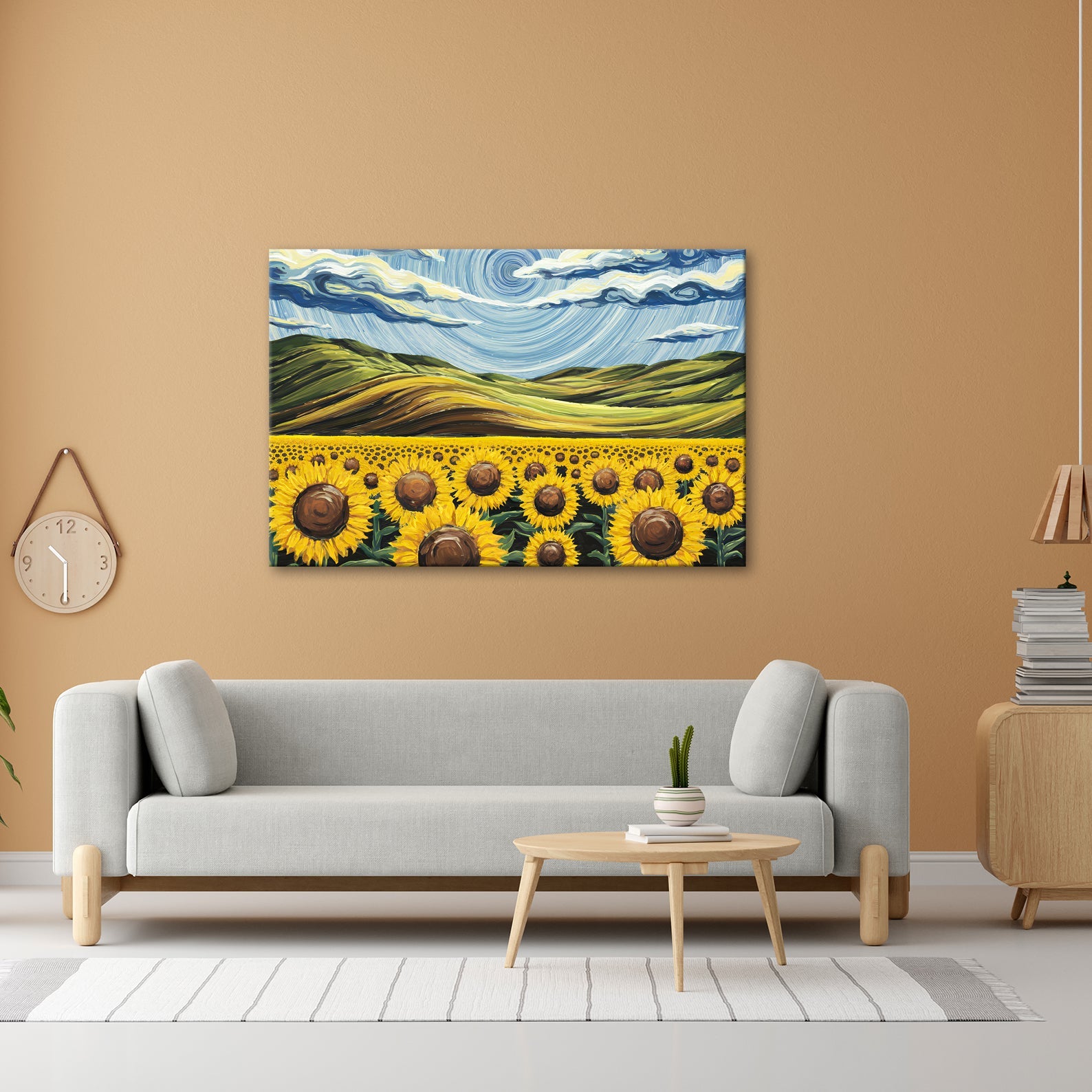 Leinwandbild Sonnenblumenmeer unter wirbelndem Himmelsblau – lebendige Kunst. - deyoli