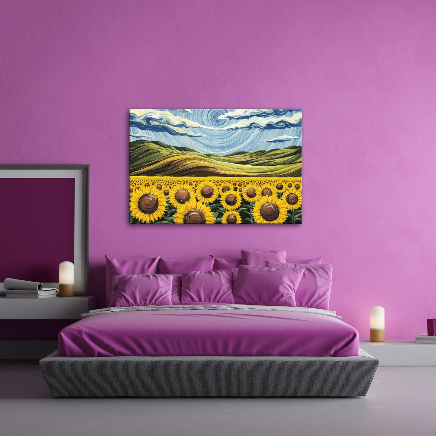 Leinwandbild Sonnenblumenmeer unter wirbelndem Himmelsblau – lebendige Kunst. - deyoli