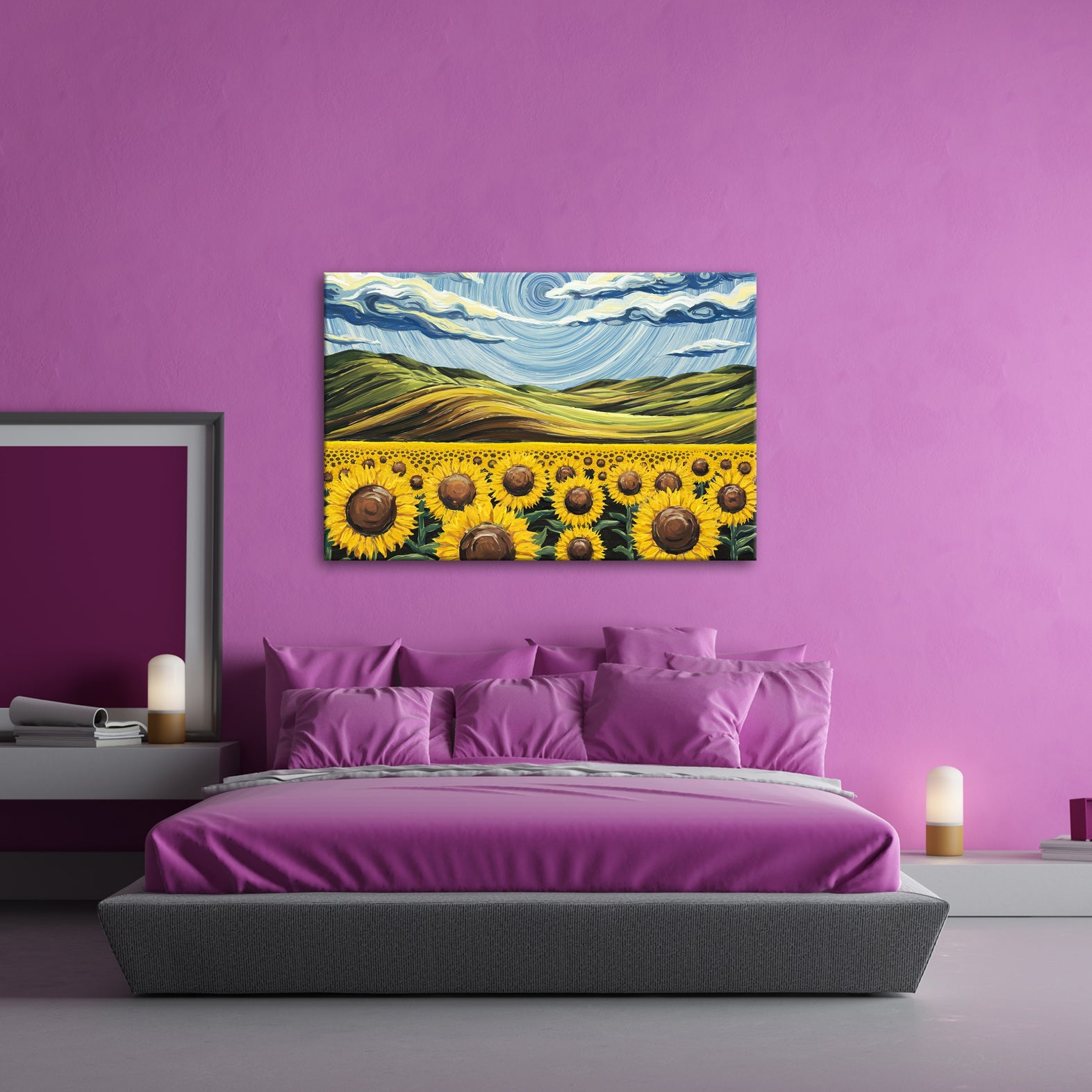 Leinwandbild Sonnenblumenmeer unter wirbelndem Himmelsblau – lebendige Kunst. - deyoli