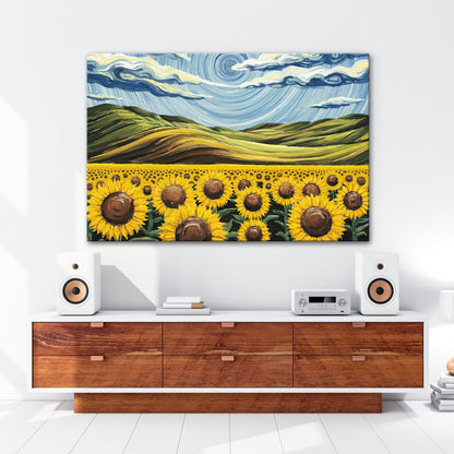 Leinwandbild Sonnenblumenmeer unter wirbelndem Himmelsblau – lebendige Kunst. - deyoli