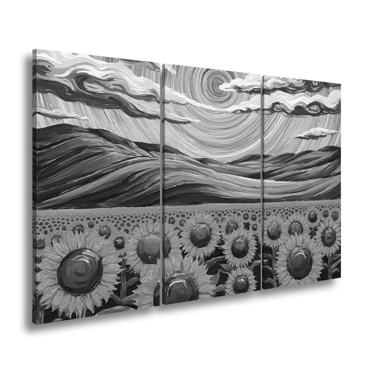 Leinwandbild Sonnenblumenmeer unter wirbelndem Himmelsblau – lebendige Kunst. - deyoli