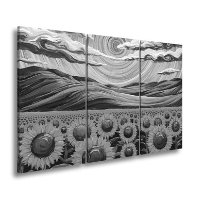 Leinwandbild Sonnenblumenmeer unter wirbelndem Himmelsblau – lebendige Kunst. - deyoli