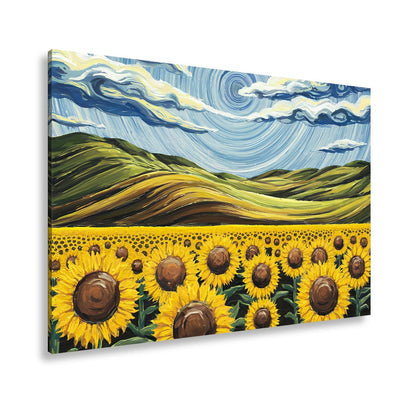 Leinwandbild Sonnenblumenmeer unter wirbelndem Himmelsblau – lebendige Kunst. - deyoli