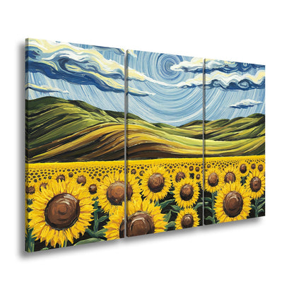 Leinwandbild Sonnenblumenmeer unter wirbelndem Himmelsblau – lebendige Kunst. - deyoli