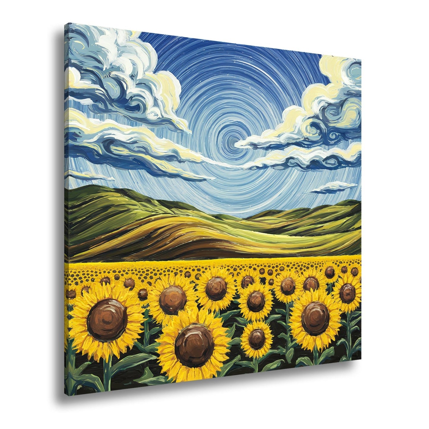 Leinwandbild Sonnenblumenmeer unter wirbelndem Himmelsblau – lebendige Kunst. - deyoli