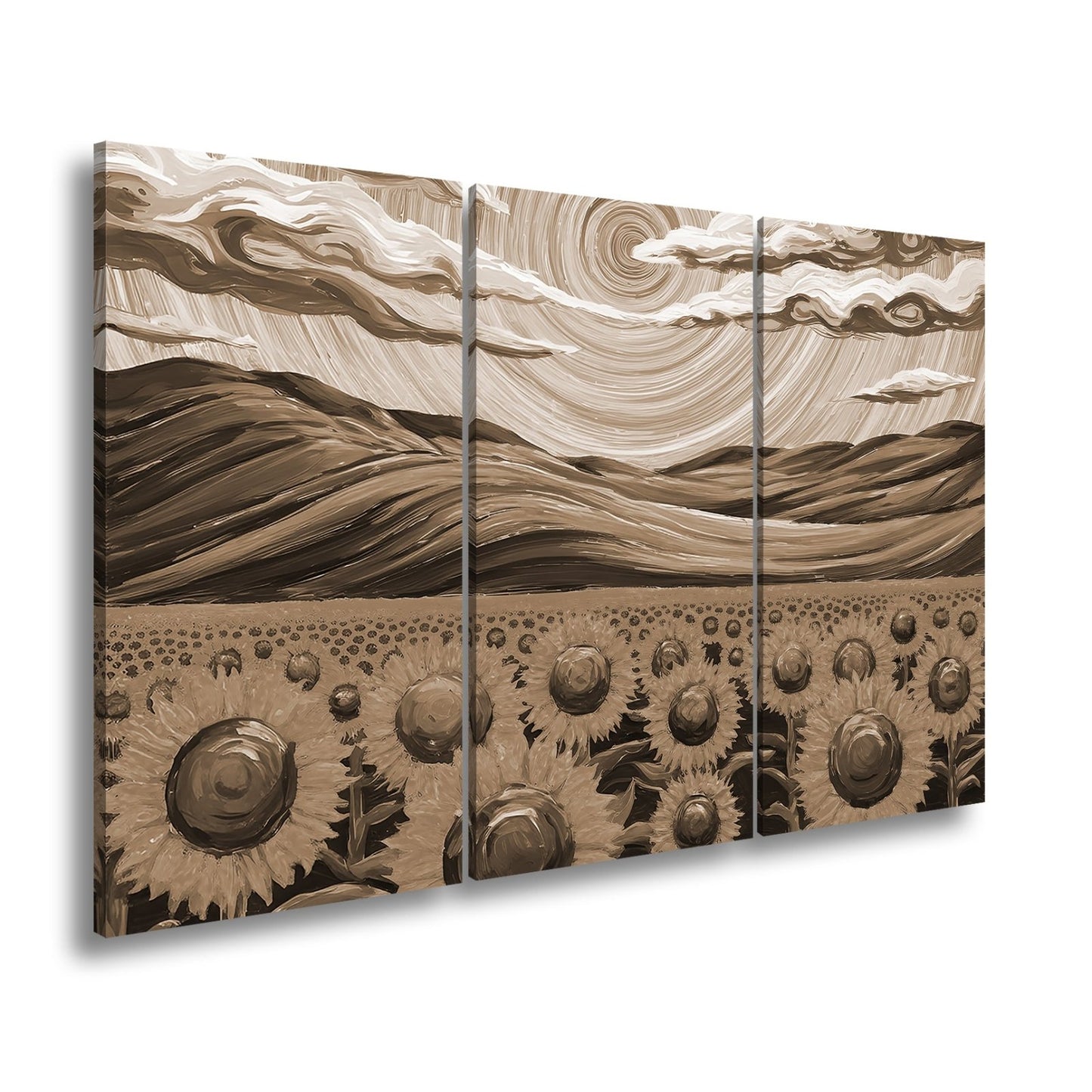 Leinwandbild Sonnenblumenmeer unter wirbelndem Himmelsblau – lebendige Kunst. - deyoli