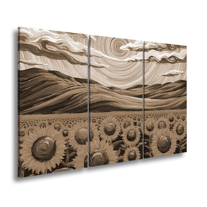 Leinwandbild Sonnenblumenmeer unter wirbelndem Himmelsblau – lebendige Kunst. - deyoli