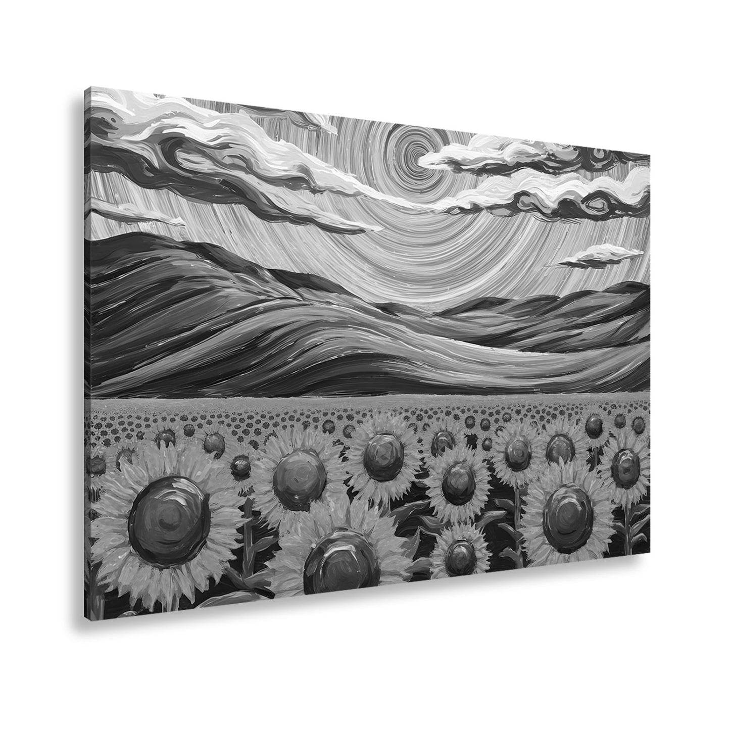 Leinwandbild Sonnenblumenmeer unter wirbelndem Himmelsblau – lebendige Kunst. - deyoli