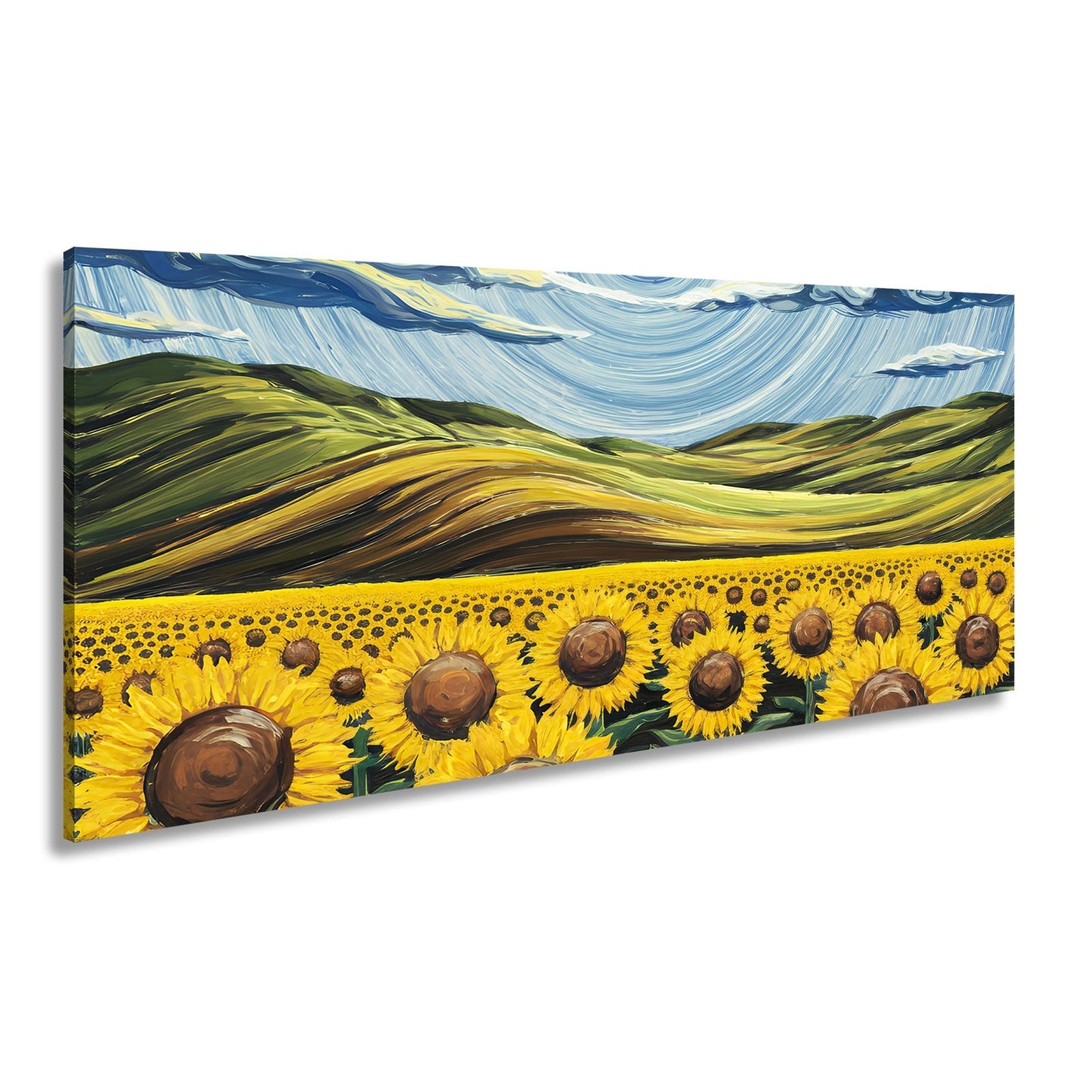 Leinwandbild Sonnenblumenmeer unter wirbelndem Himmelsblau – lebendige Kunst. - deyoli