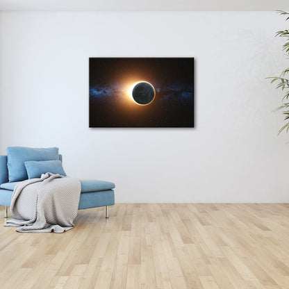 Leinwandbild Sonnenkorona umhüllt einen Planeten im stillen Weltraum - deyoli