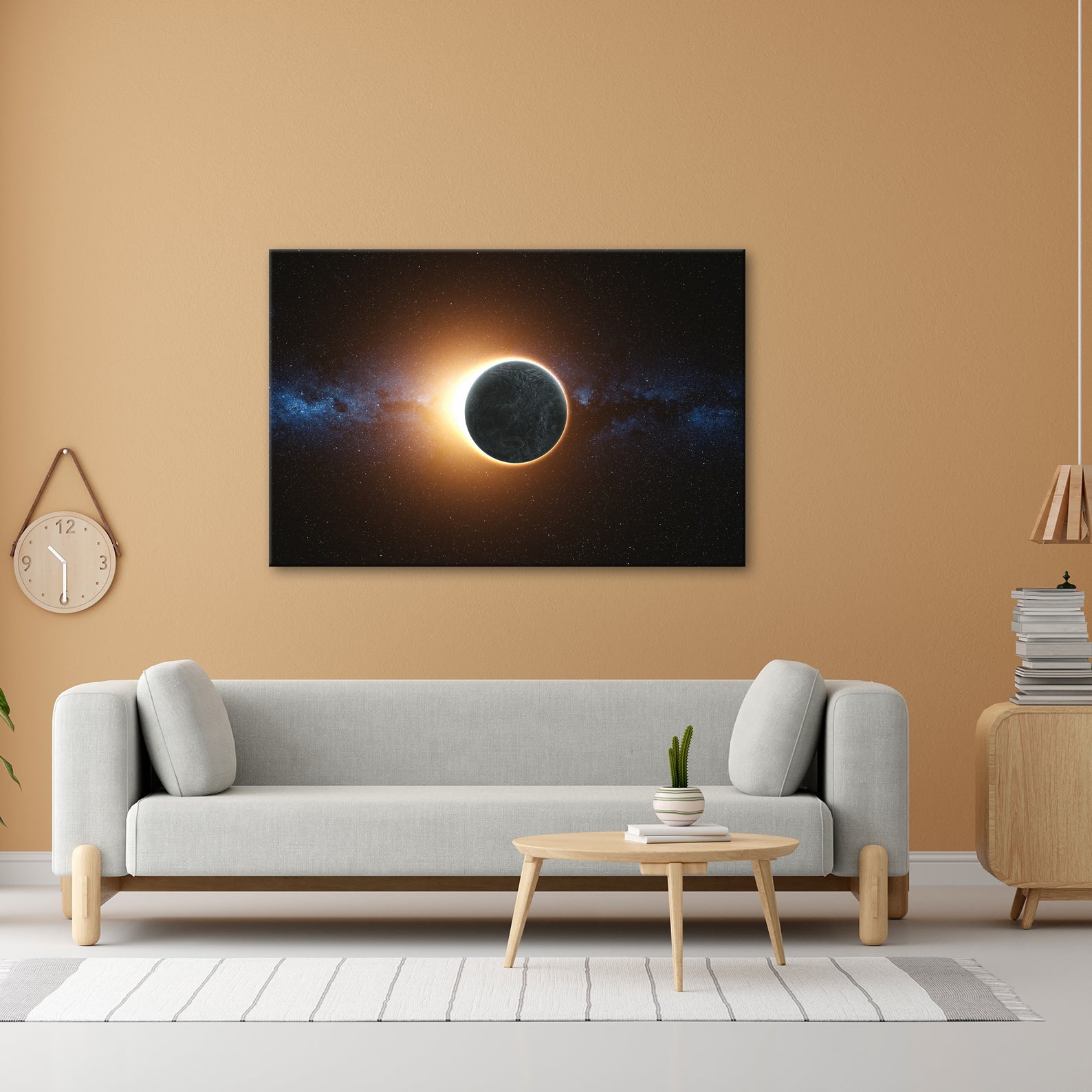 Leinwandbild Sonnenkorona umhüllt einen Planeten im stillen Weltraum - deyoli