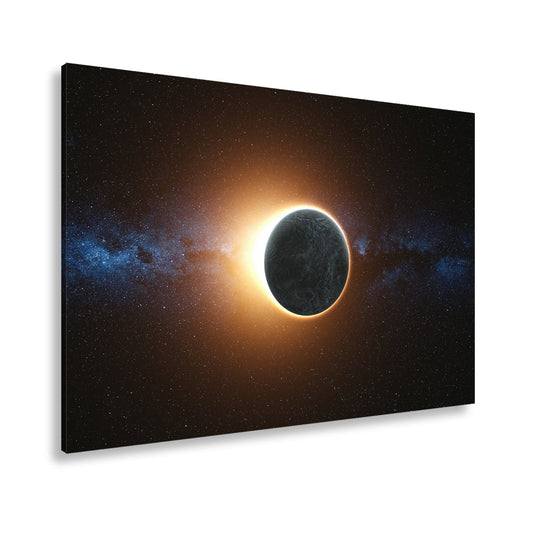 Leinwandbild Sonnenkorona umhüllt einen Planeten im stillen Weltraum - deyoli