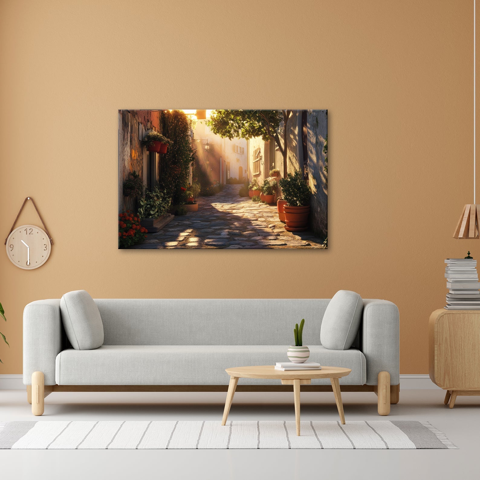 Leinwandbild Sonnenlicht tanzt durch verwunschene Gasse – Italien XXL - deyoli
