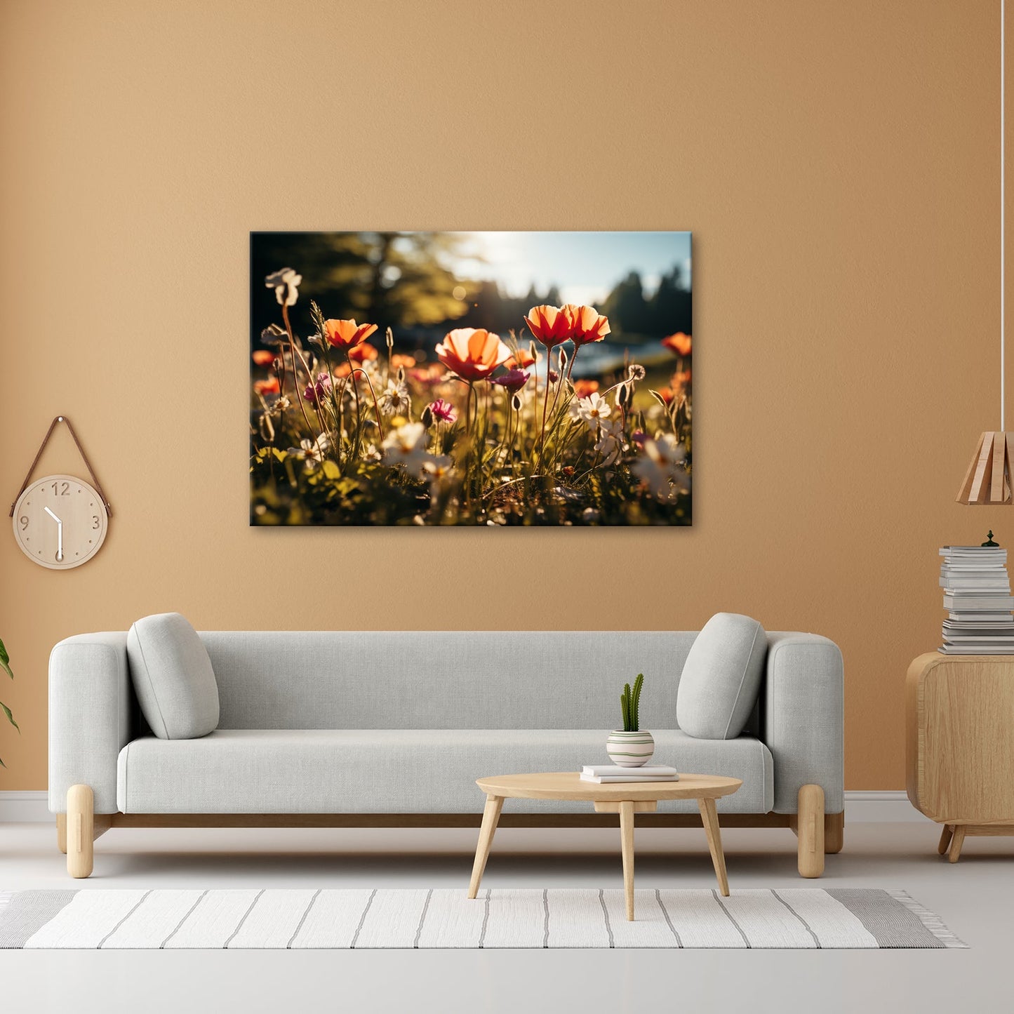 Leinwandbild Sonnenstrahlen fluten ein Meer aus leuchtenden Blüten. - deyoli