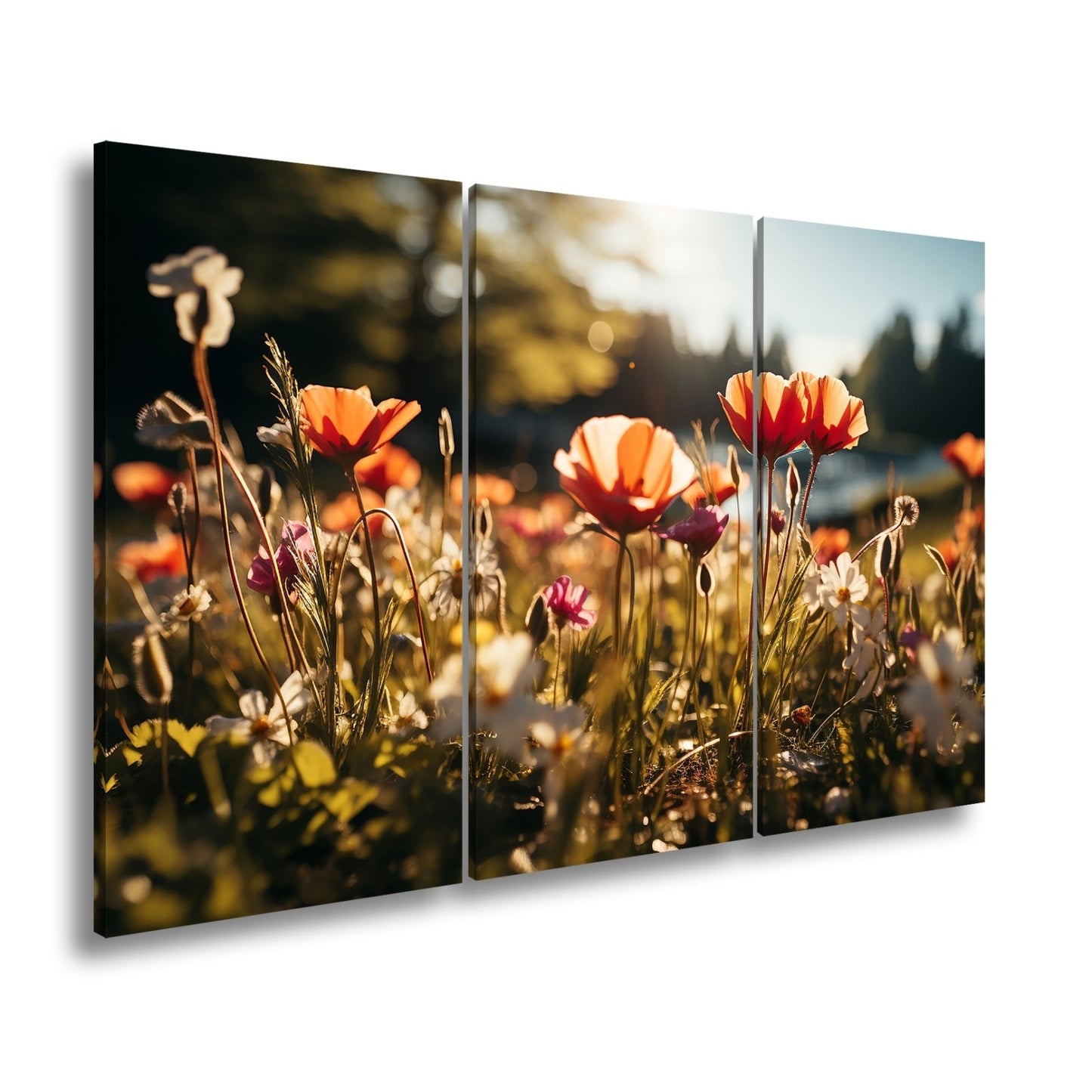 Leinwandbild Sonnenstrahlen fluten ein Meer aus leuchtenden Blüten. - deyoli