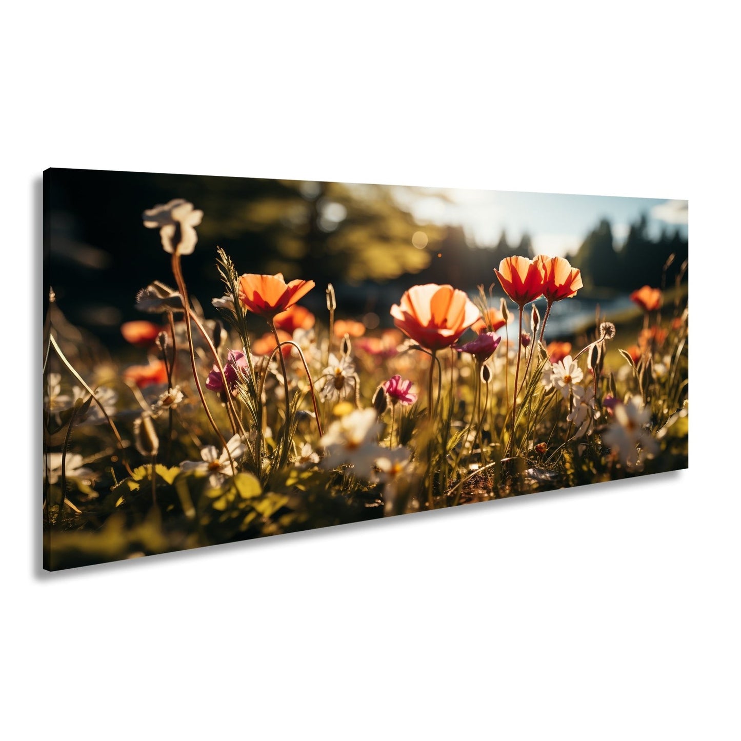Leinwandbild Sonnenstrahlen fluten ein Meer aus leuchtenden Blüten. - deyoli