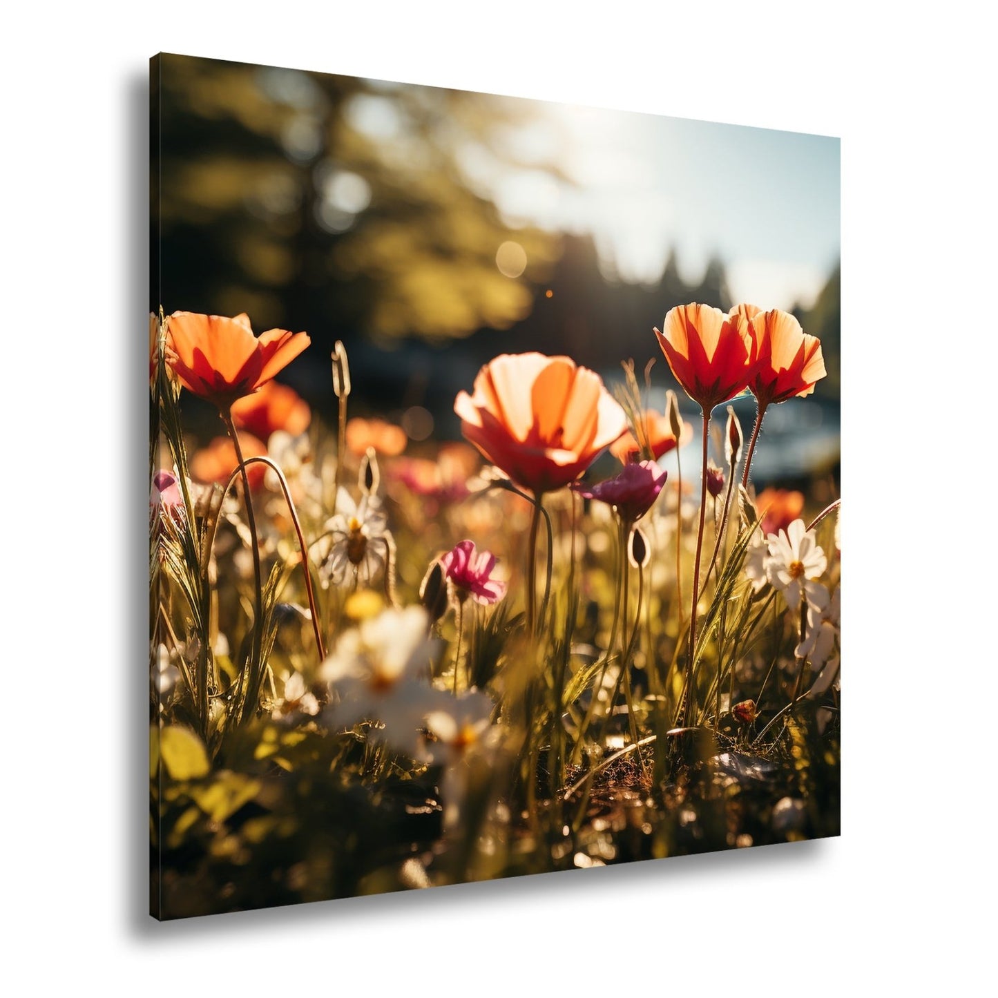 Leinwandbild Sonnenstrahlen fluten ein Meer aus leuchtenden Blüten. - deyoli
