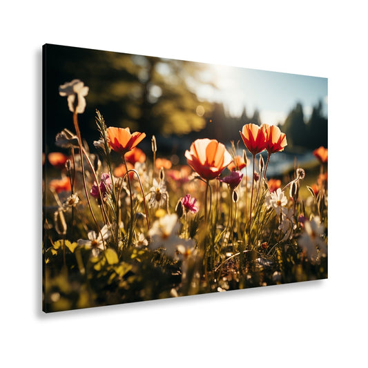 Leinwandbild Sonnenstrahlen fluten ein Meer aus leuchtenden Blüten. - deyoli