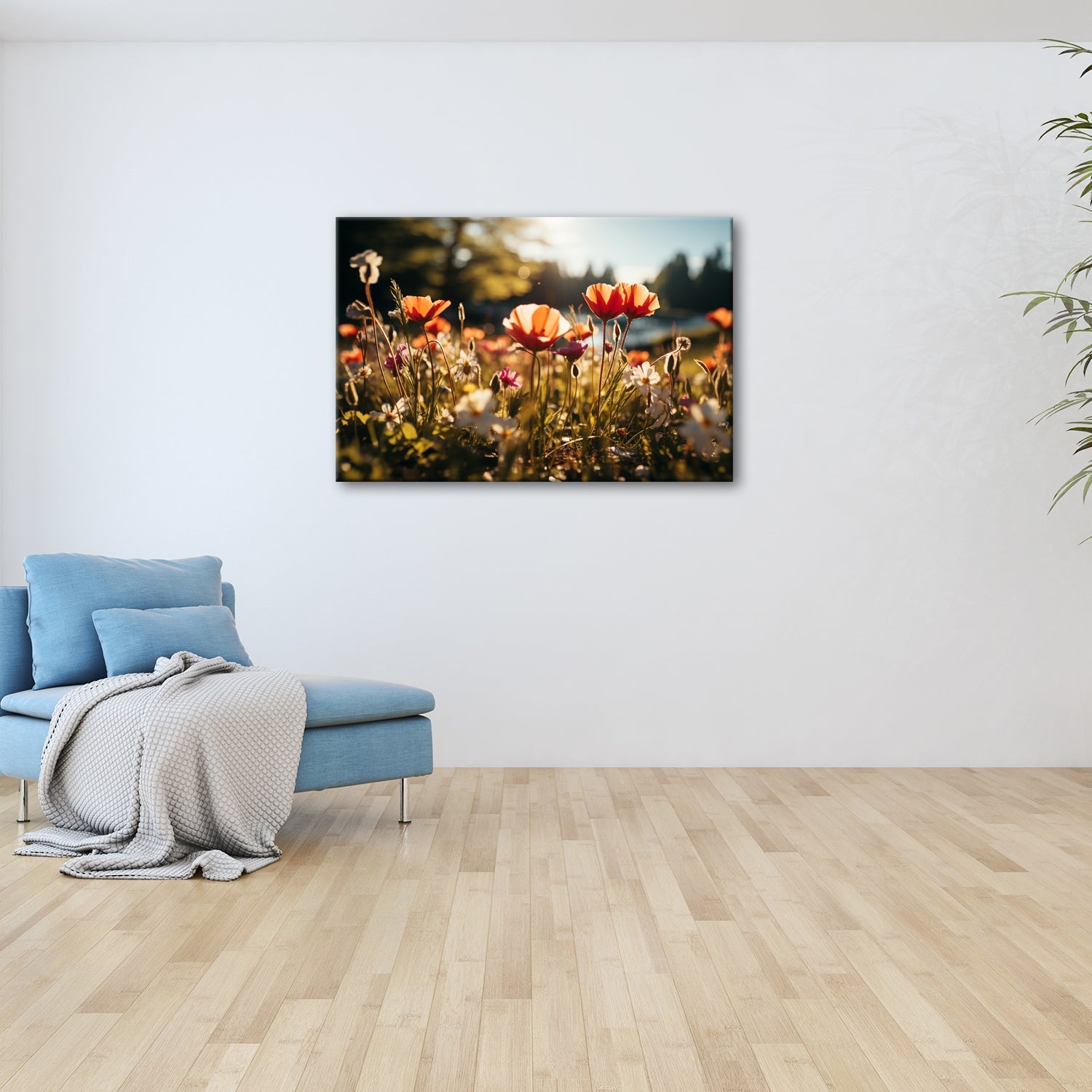 Leinwandbild Sonnenstrahlen fluten ein Meer aus leuchtenden Blüten. - deyoli