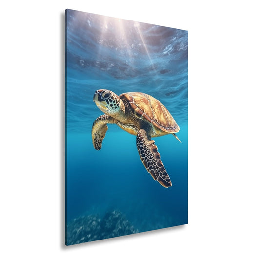 Leinwandbild Sonnenstrahlen tanzen über den Panzer im offenen Meer. - deyoli