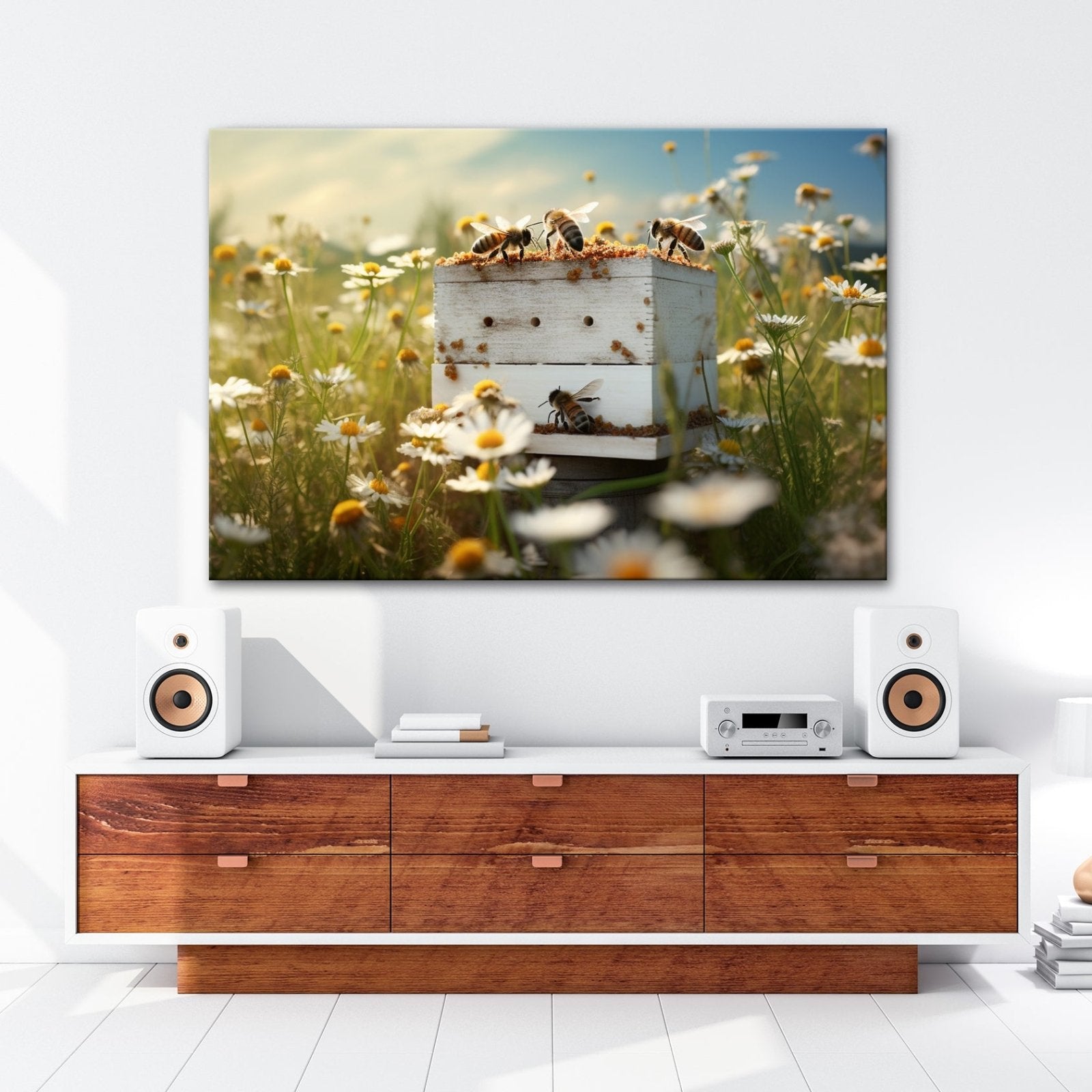 Leinwandbild Sonnentanz über dem Bienenhaus im Blütenmeer - deyoli