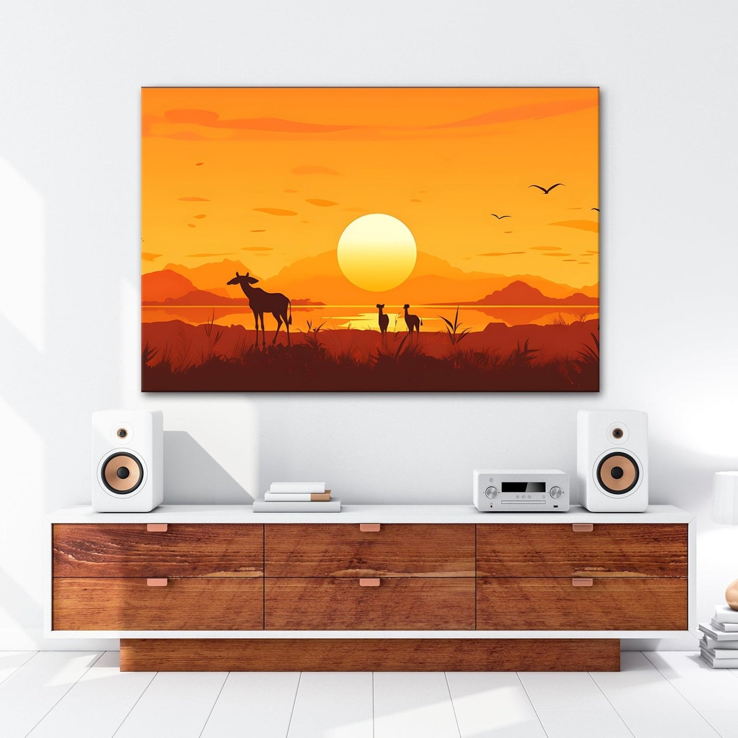 Leinwandbild Sonnenuntergang küsst die Savanne in goldene Ruhe. - deyoli