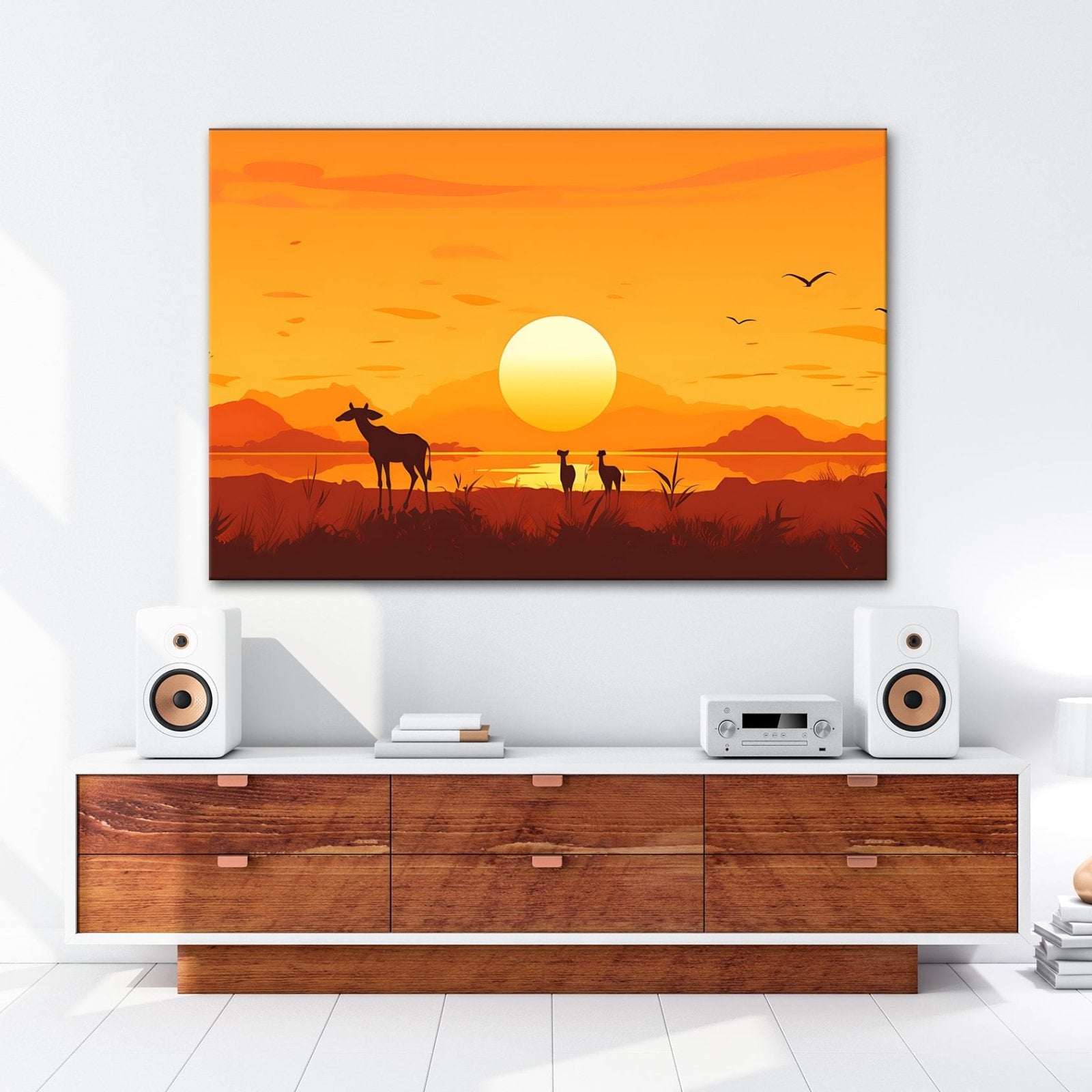 Leinwandbild Sonnenuntergang küsst die Savanne in goldene Ruhe. - deyoli