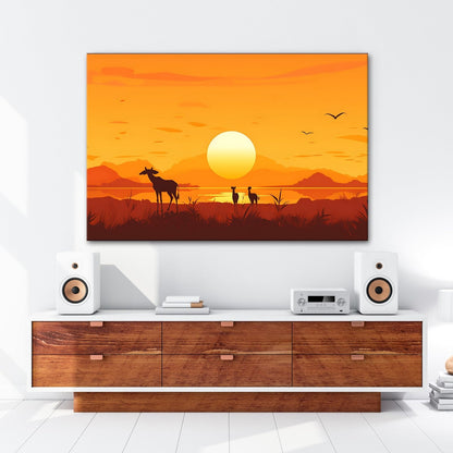 Leinwandbild Sonnenuntergang küsst die Savanne in goldene Ruhe. - deyoli