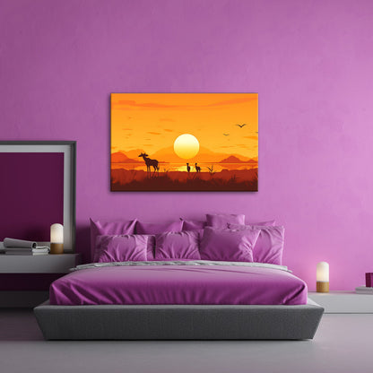 Leinwandbild Sonnenuntergang küsst die Savanne in goldene Ruhe. - deyoli