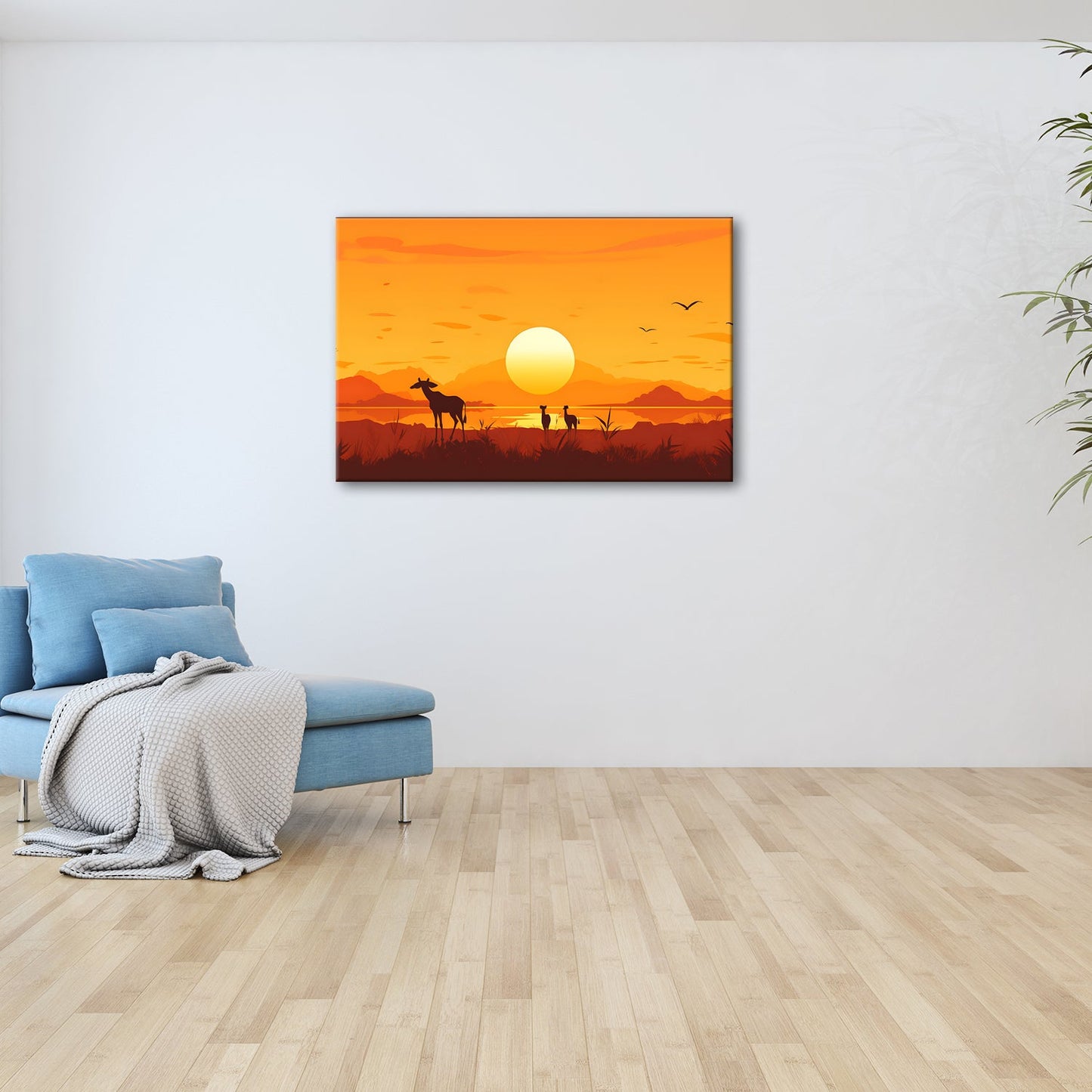 Leinwandbild Sonnenuntergang küsst die Savanne in goldene Ruhe. - deyoli