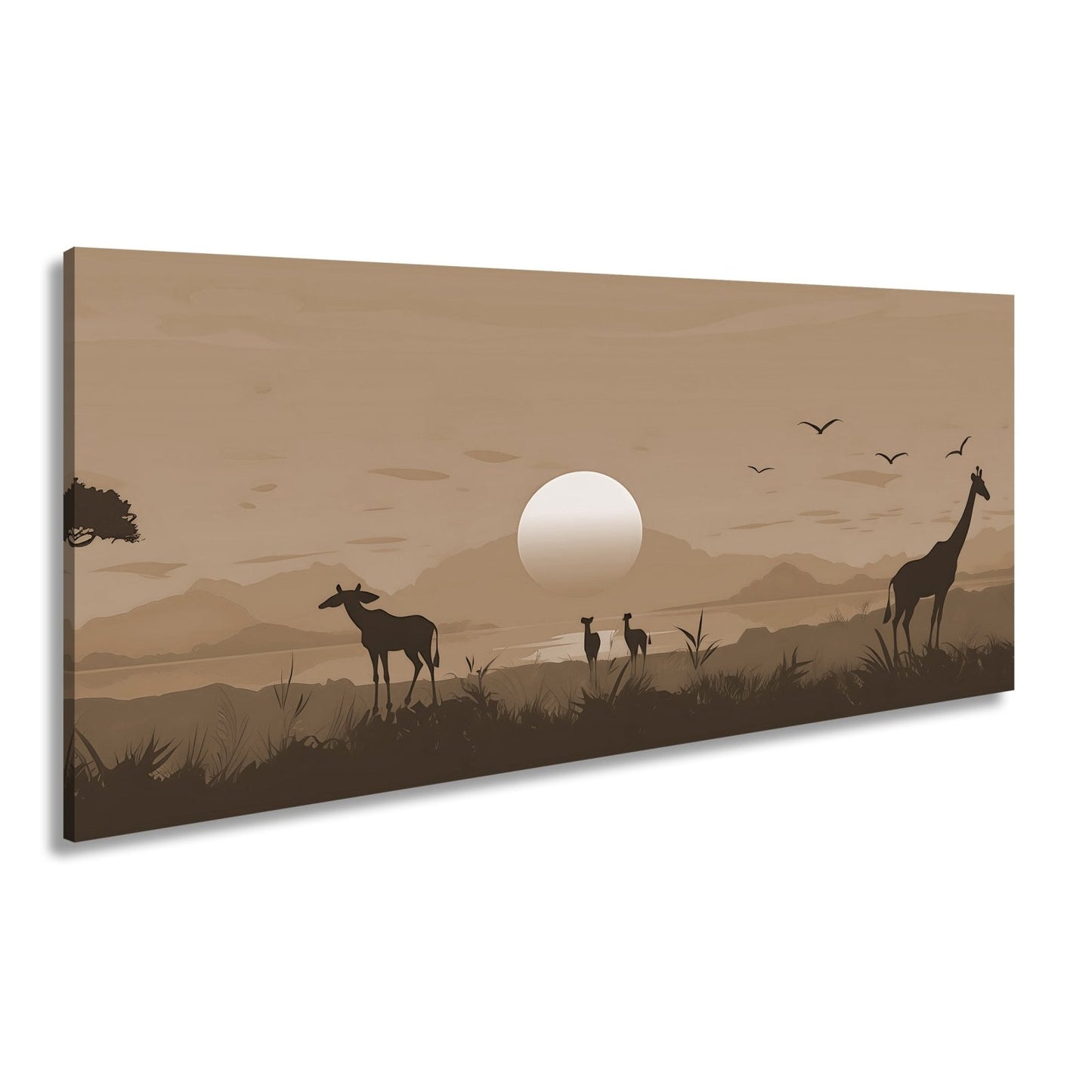 Leinwandbild Sonnenuntergang küsst die Savanne in goldene Ruhe. - deyoli