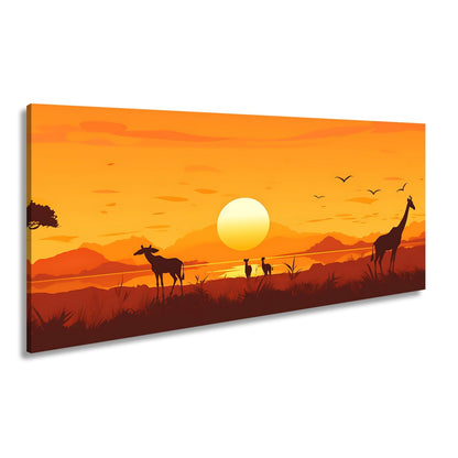 Leinwandbild Sonnenuntergang küsst die Savanne in goldene Ruhe. - deyoli
