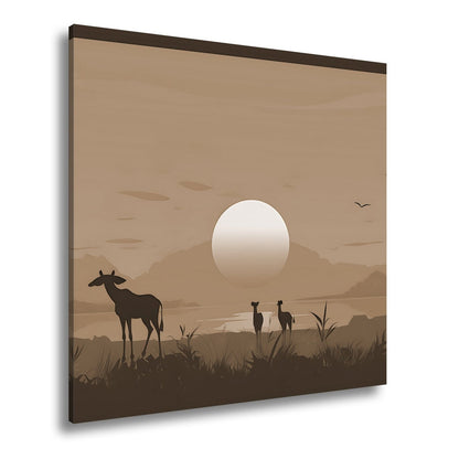 Leinwandbild Sonnenuntergang küsst die Savanne in goldene Ruhe. - deyoli