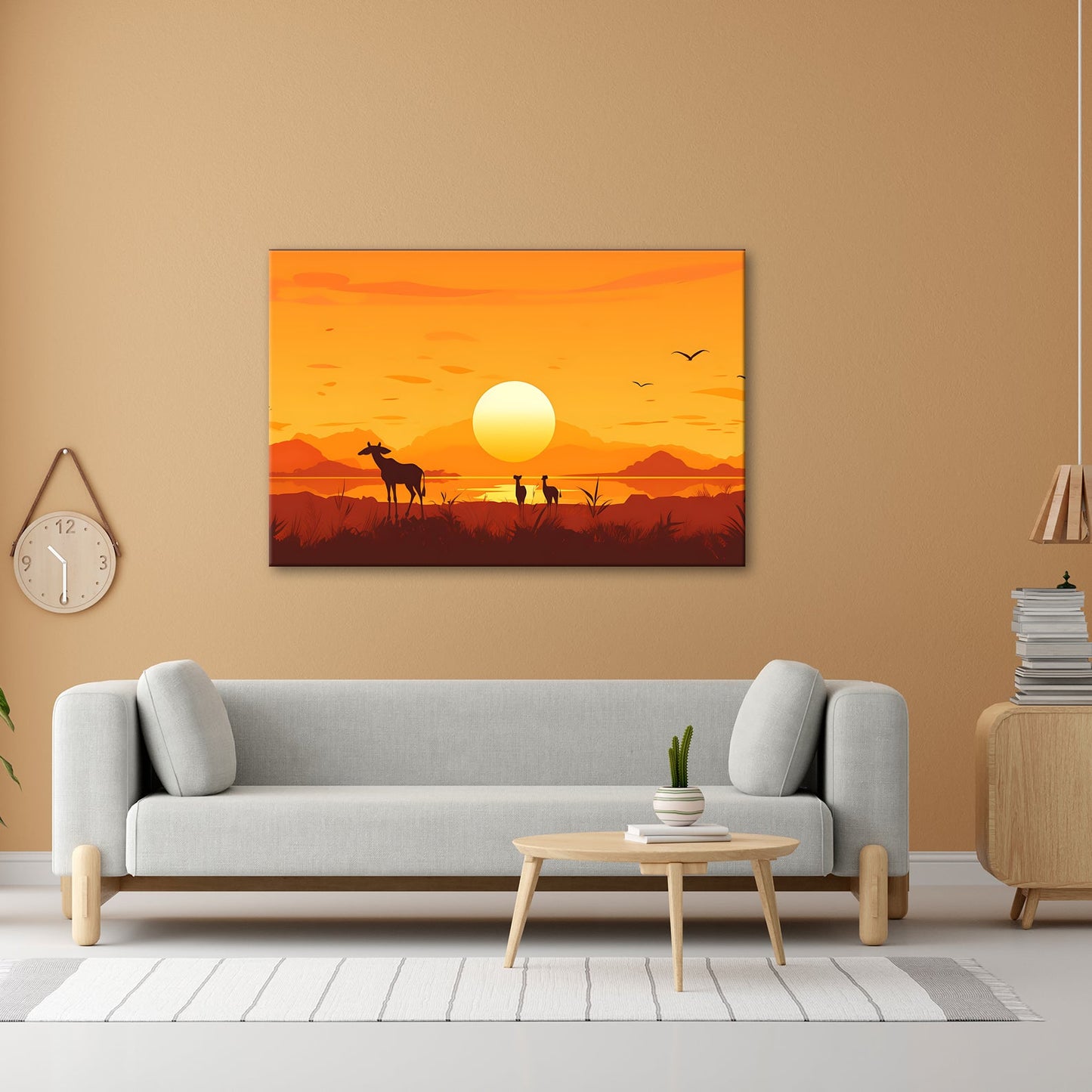 Leinwandbild Sonnenuntergang küsst die Savanne in goldene Ruhe. - deyoli