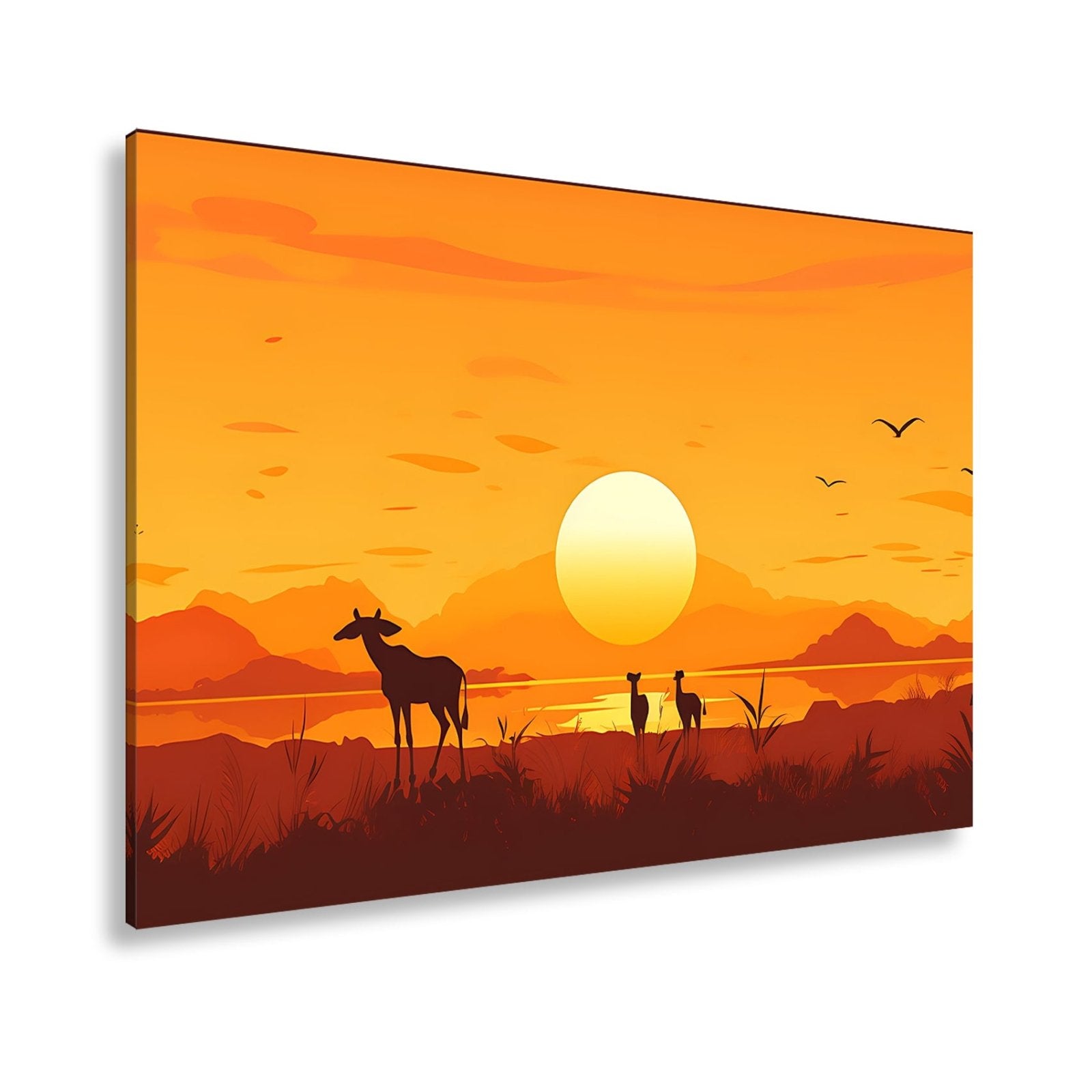 Leinwandbild Sonnenuntergang küsst die Savanne in goldene Ruhe. - deyoli