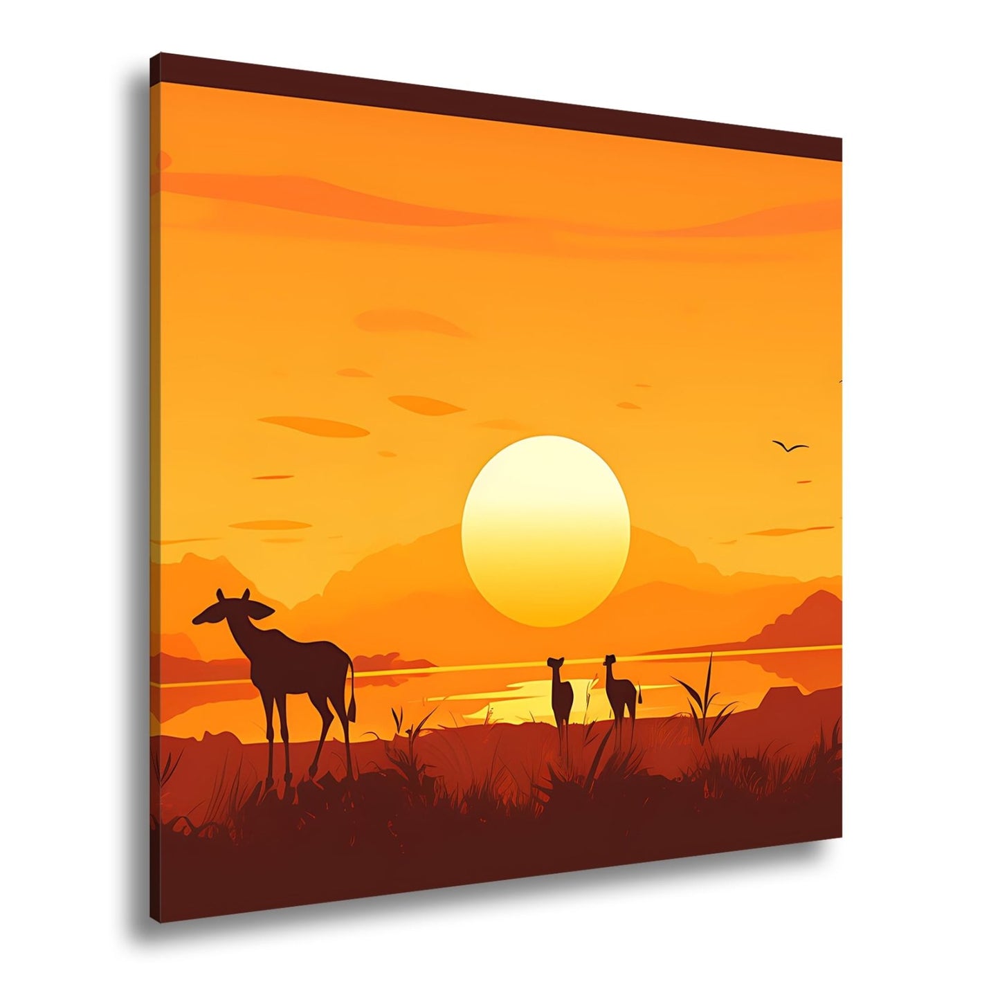 Leinwandbild Sonnenuntergang küsst die Savanne in goldene Ruhe. - deyoli