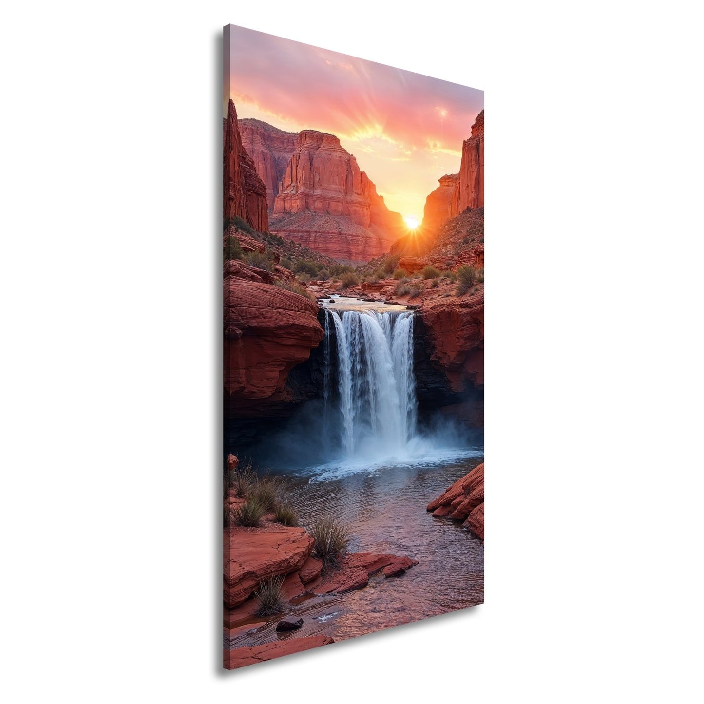 Leinwandbild Sonnenuntergang küsst tosenden Wasserfall im roten Canyon XXL – Natur - deyoli