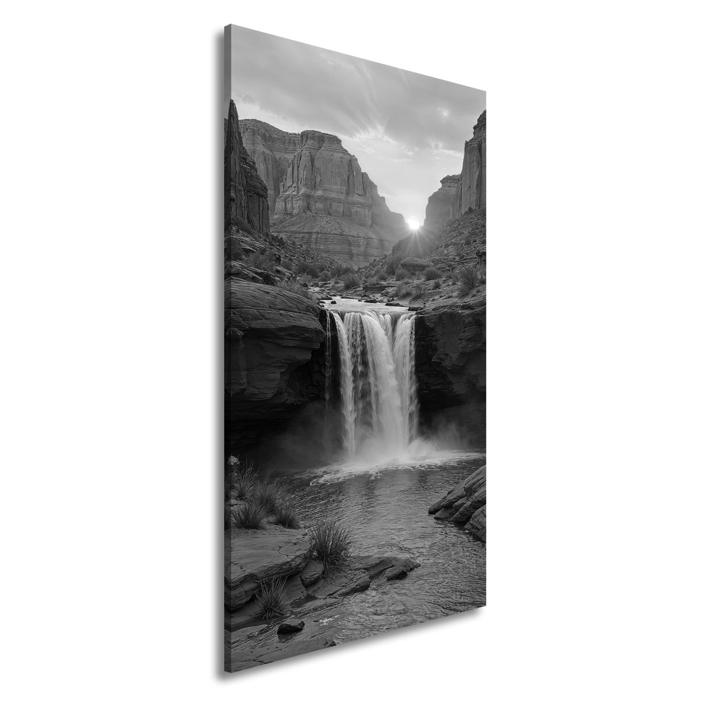 Leinwandbild Sonnenuntergang küsst tosenden Wasserfall im roten Canyon XXL – Natur - deyoli