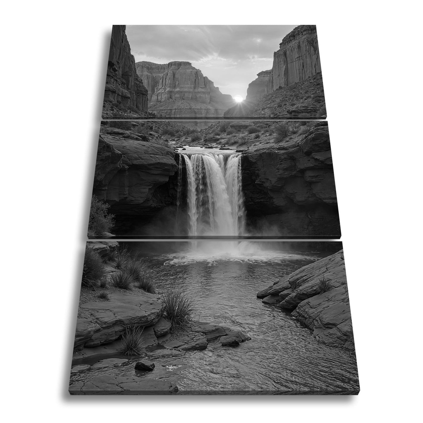 Leinwandbild Sonnenuntergang küsst tosenden Wasserfall im roten Canyon XXL – Natur - deyoli