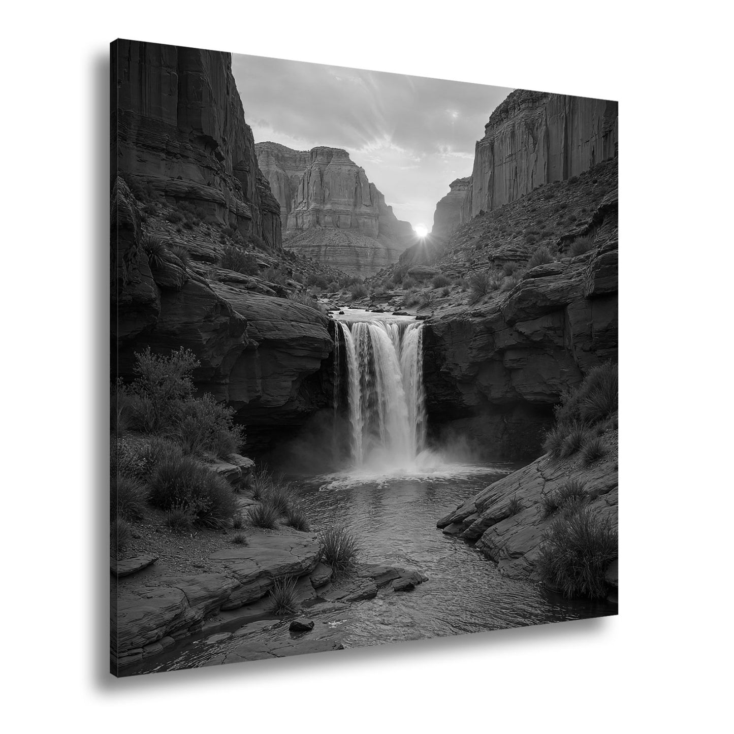 Leinwandbild Sonnenuntergang küsst tosenden Wasserfall im roten Canyon XXL – Natur - deyoli
