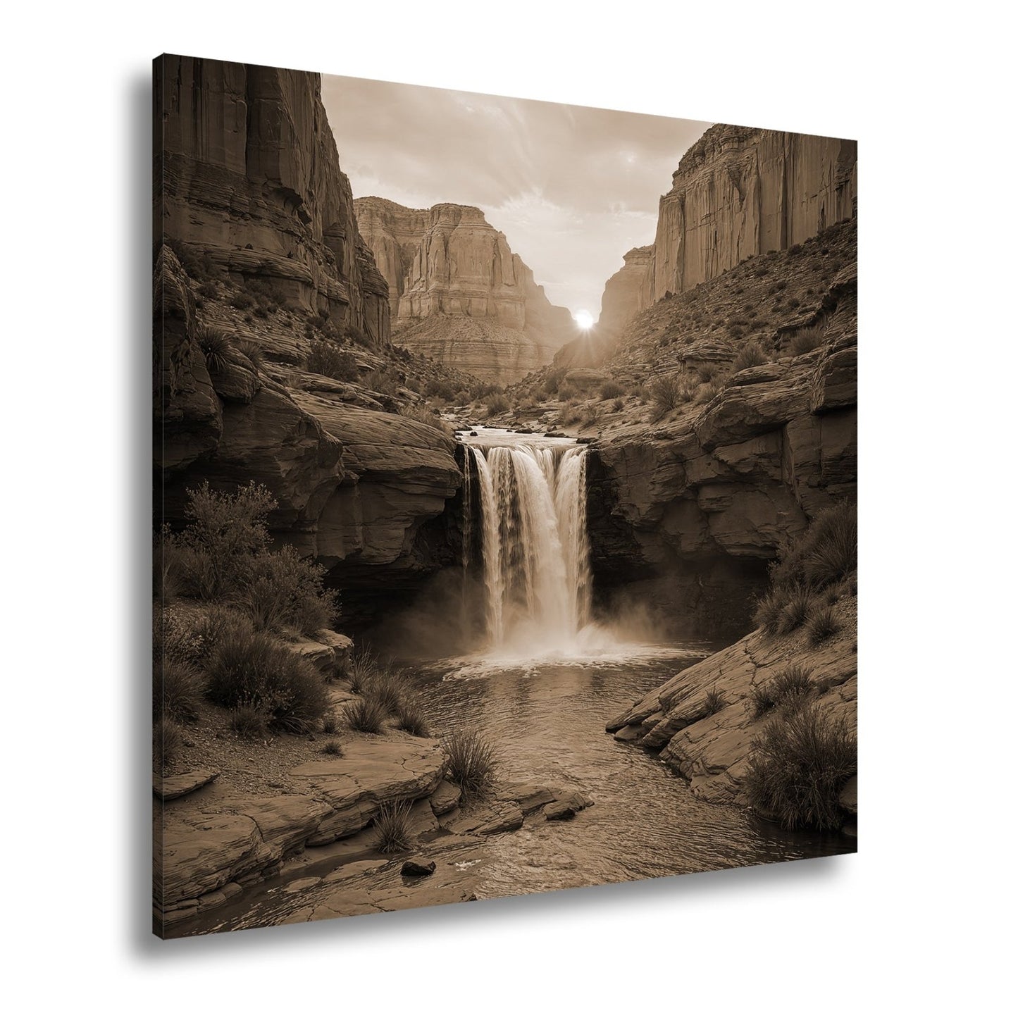 Leinwandbild Sonnenuntergang küsst tosenden Wasserfall im roten Canyon XXL – Natur - deyoli