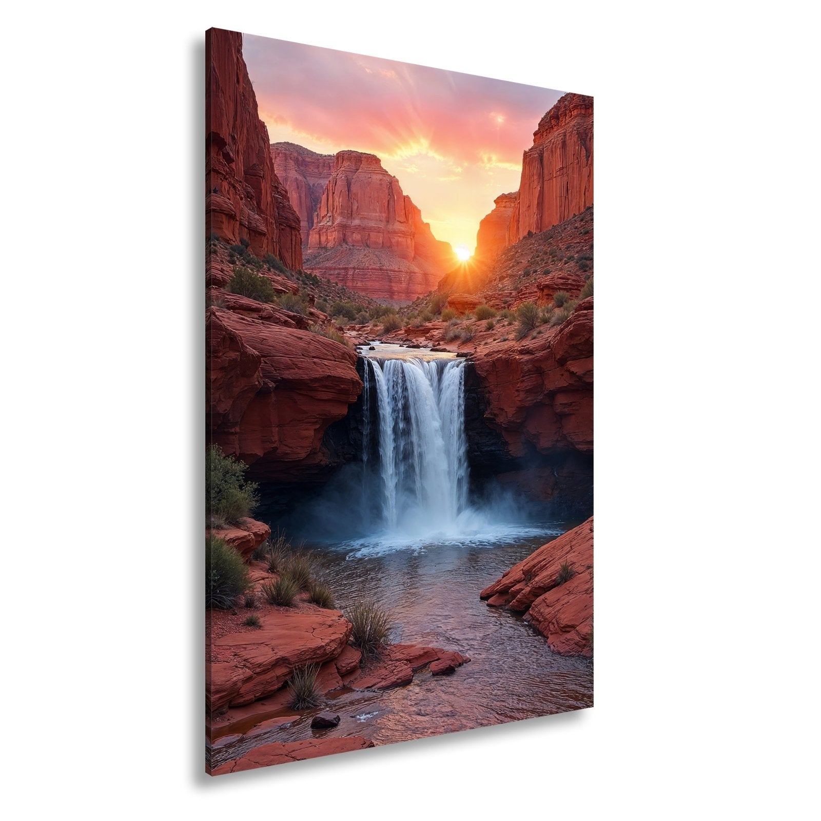 Leinwandbild Sonnenuntergang küsst tosenden Wasserfall im roten Canyon XXL – Natur - deyoli