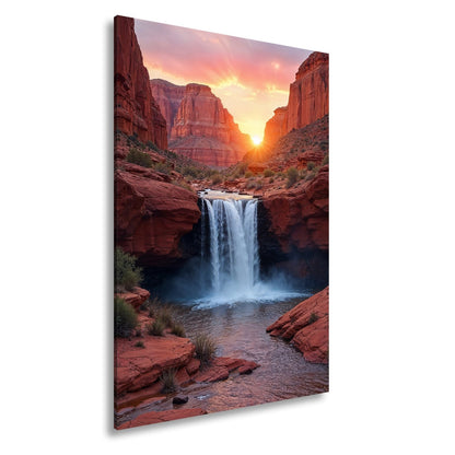 Leinwandbild Sonnenuntergang küsst tosenden Wasserfall im roten Canyon XXL – Natur - deyoli