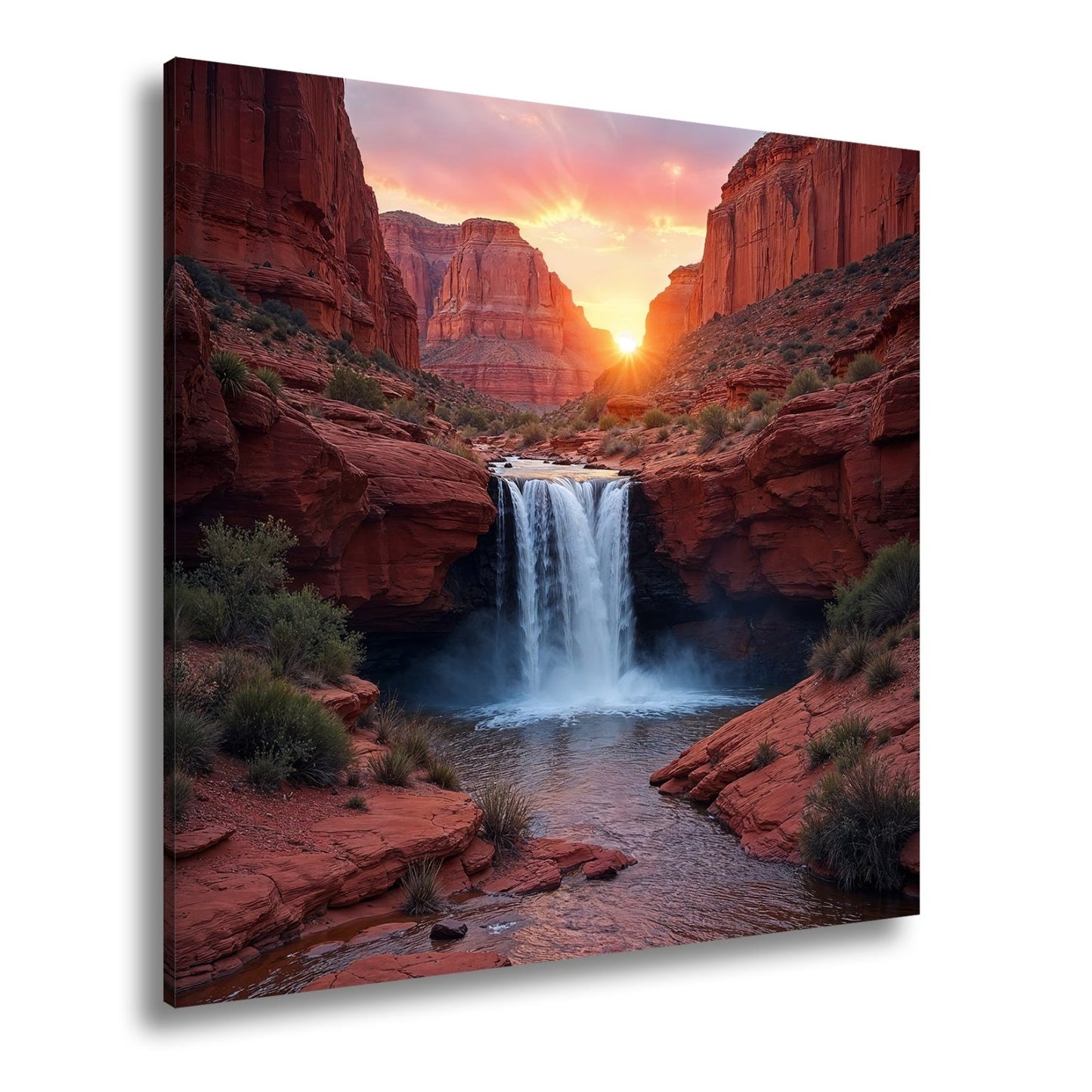 Leinwandbild Sonnenuntergang küsst tosenden Wasserfall im roten Canyon XXL – Natur - deyoli