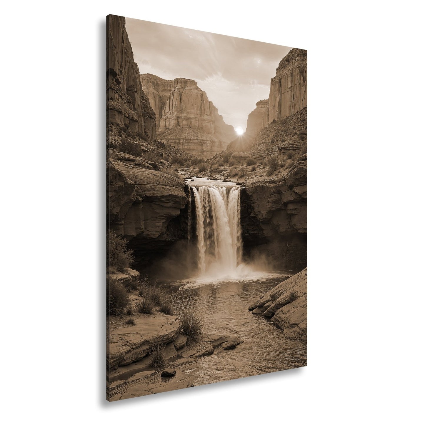 Leinwandbild Sonnenuntergang küsst tosenden Wasserfall im roten Canyon XXL – Natur - deyoli