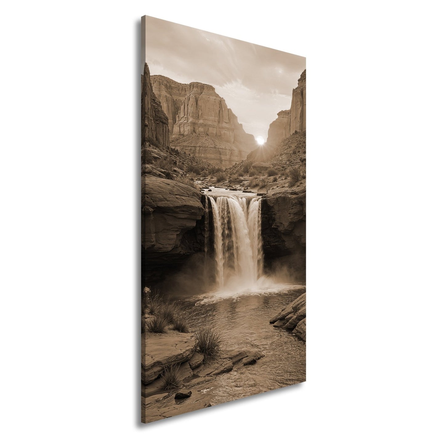 Leinwandbild Sonnenuntergang küsst tosenden Wasserfall im roten Canyon XXL – Natur - deyoli