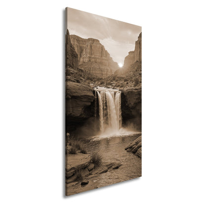 Leinwandbild Sonnenuntergang küsst tosenden Wasserfall im roten Canyon XXL – Natur - deyoli
