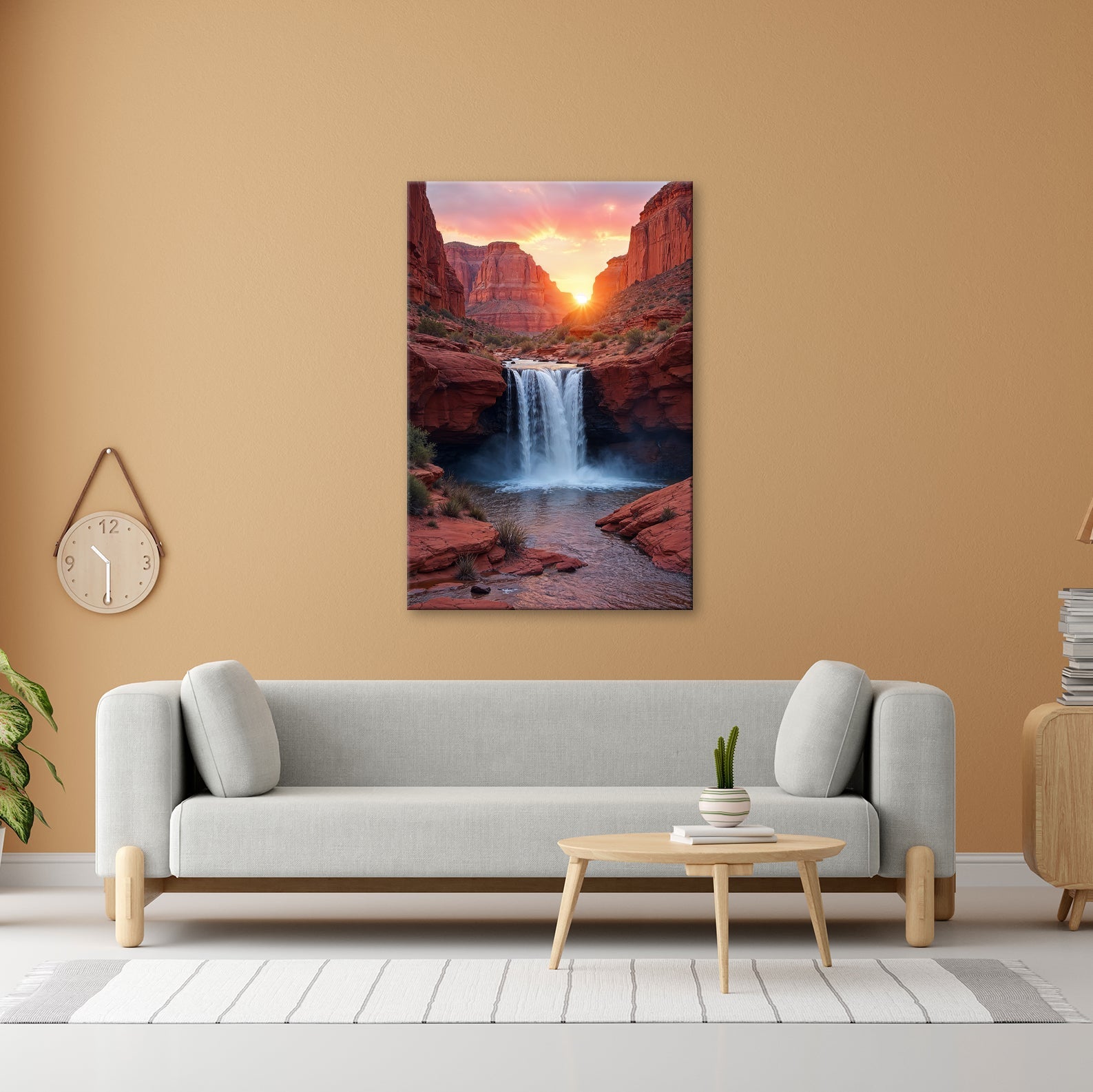Leinwandbild Sonnenuntergang küsst tosenden Wasserfall im roten Canyon XXL – Natur - deyoli